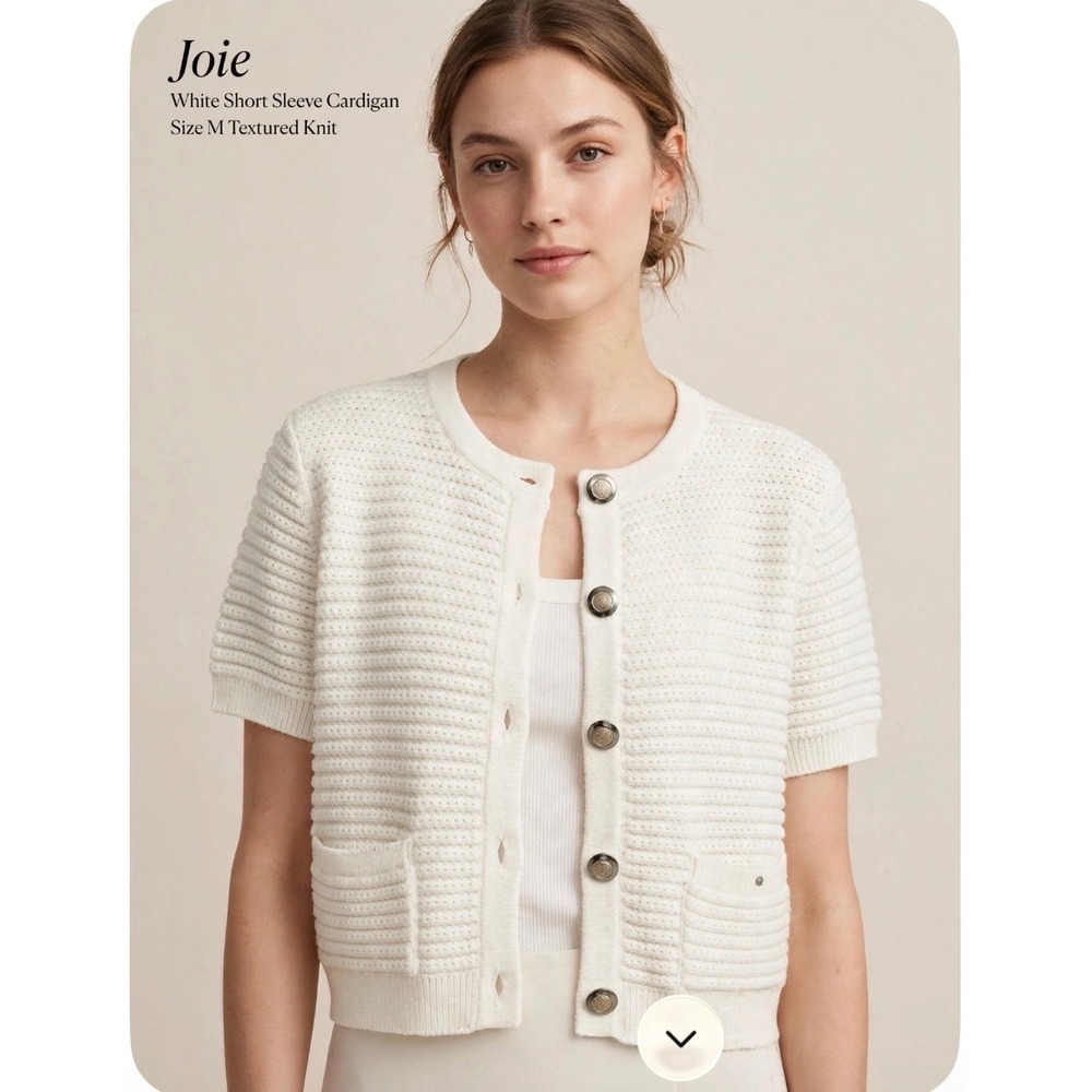 Joie White Short Sleeve Cardigan Textured Knit Button Up Sweater Size M